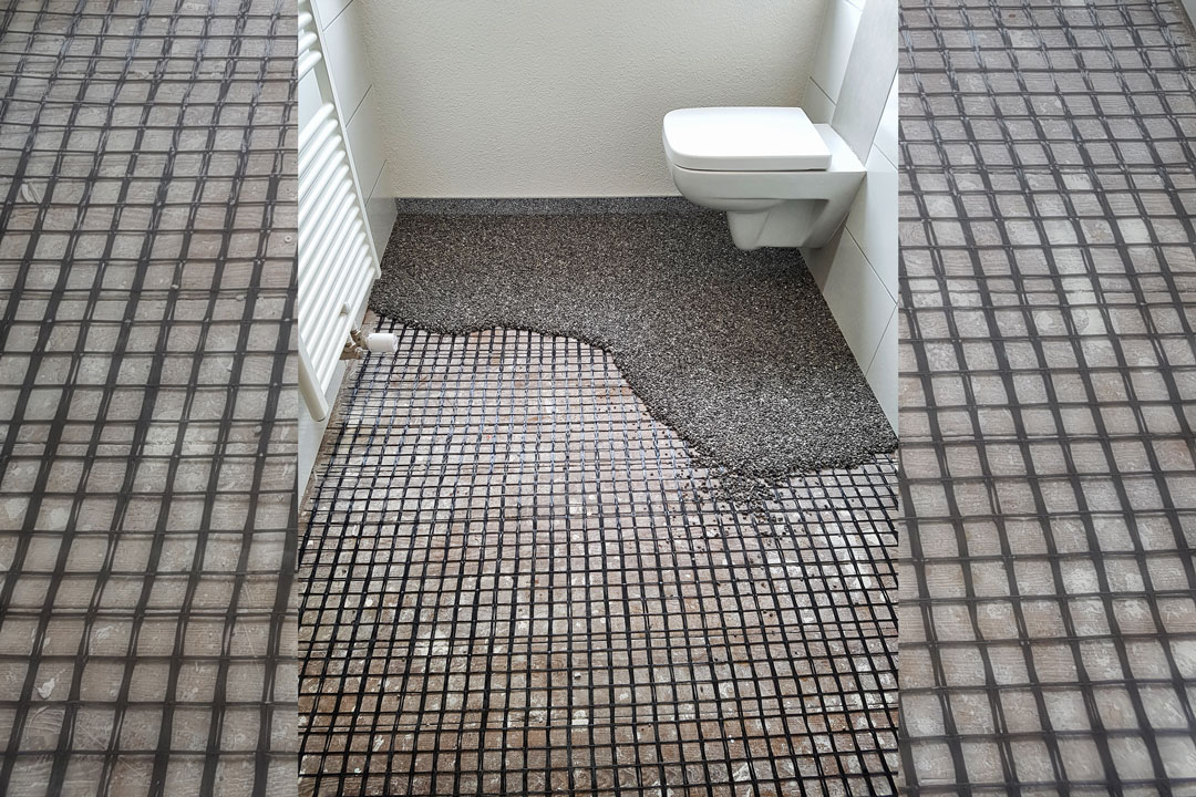 Badezimmerboden nach der Sanierung mit Natursteingranulat - rutschhemmend, modern, fugenlos und mit einer klaren Optik.